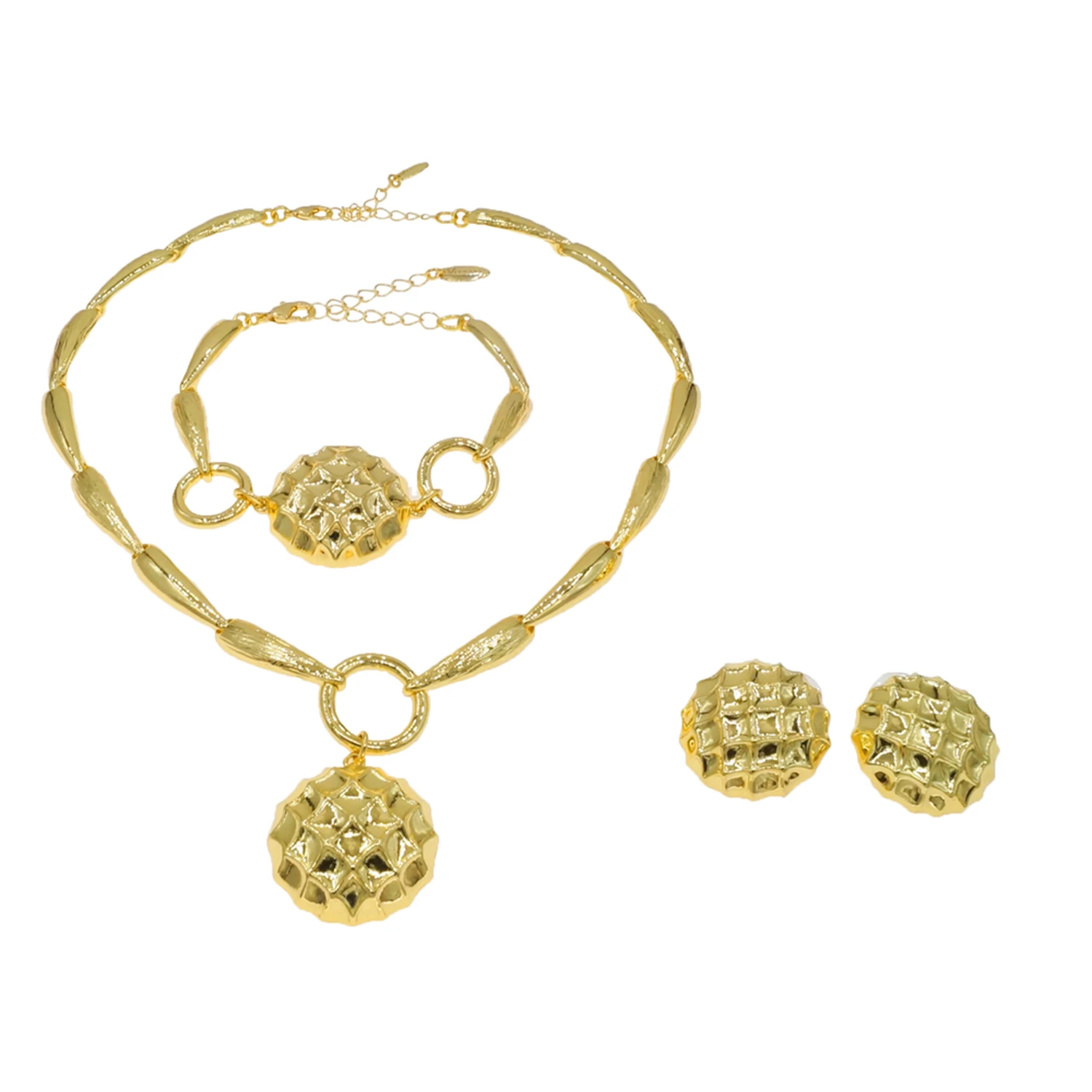 Yulaili Dubai Gold Plated Textured Spherical Pendant Jewelry Set for Women Party Wedding Necklace Earrings Bracelet Ring HV2109