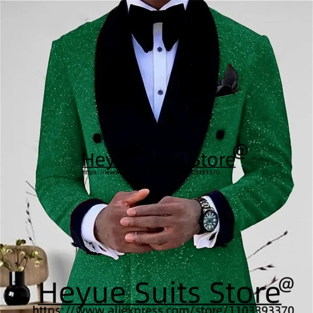 Green Shiny Formal Men Suits Slim Fit Black Shawl Lapel Groom Wedding Tuxedos 2 Pieces Sets Business Male Blazer Ropa Hombre