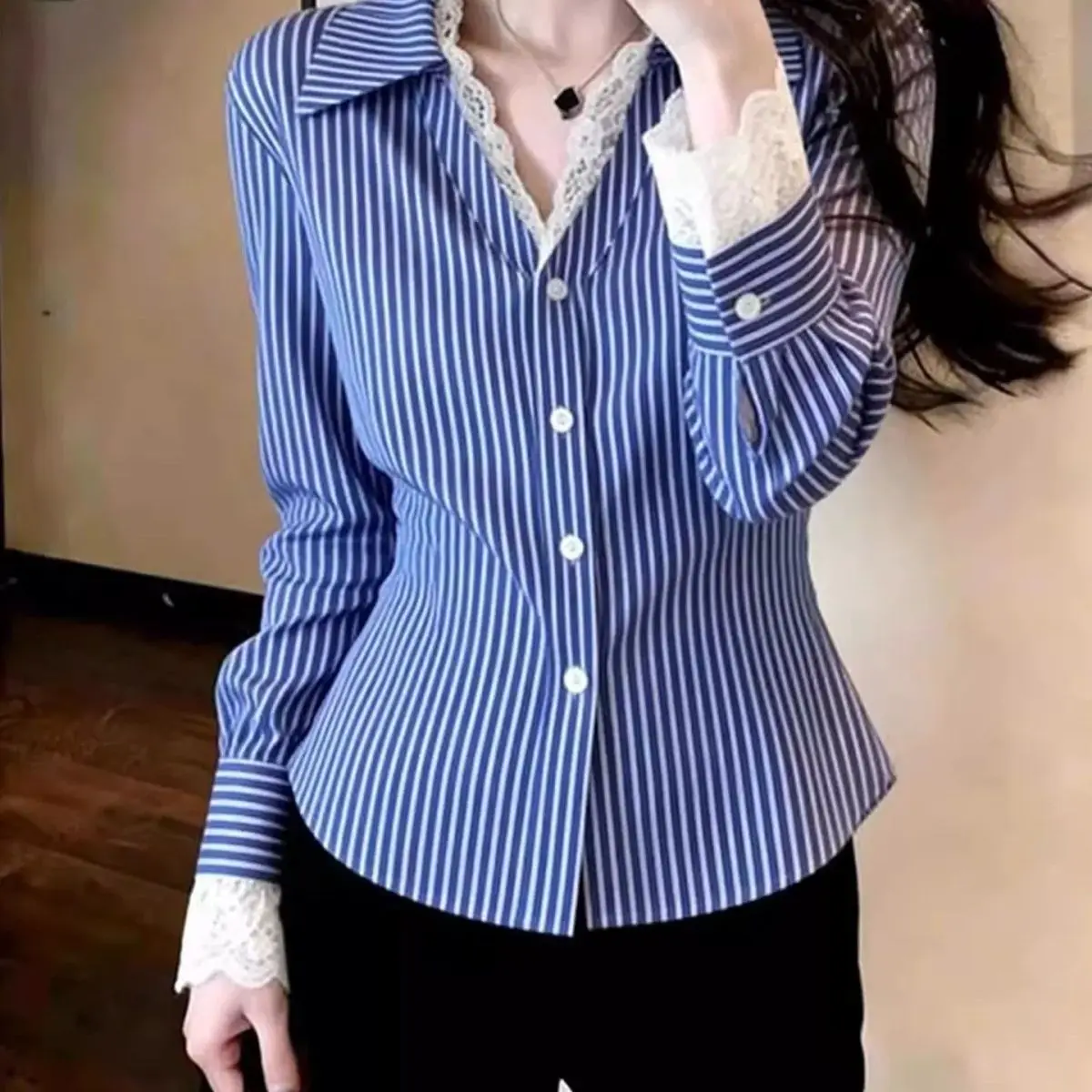 Fashion blue striped lace splicing lapel long-sleeved shirt women's spring 2026 new beautiful foreign style cardigan top