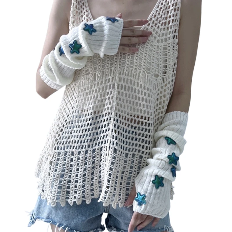 Lengthen Wrist Knitted Arm Sleeves Half Finger Gloves with Thumb Hole for Teen