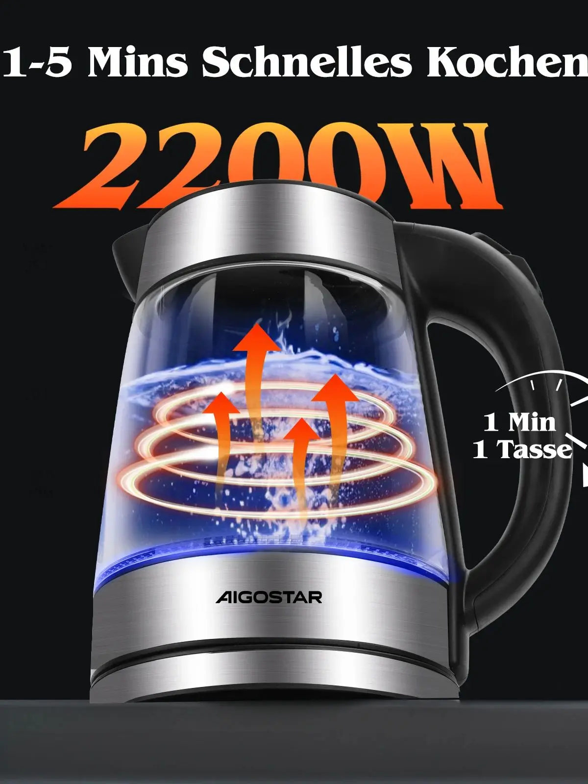 Aigostar Edelstahl Glaswasserkocher mit LED Beleuchtung, Glas Wasserkocher Verdicktes Borosilikatglas 1,7 Liter, 2200 Watt, Kalkfilter, Auto-off Trockenlaufschutz, BPA frei, Silber