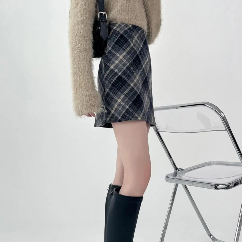 Falda a cuadros Retro elegante de cintura alta, falda larga ajustada de cintura alta para invierno y otoño, estilo Preppy, medio vestido clásico de corte a para mujer