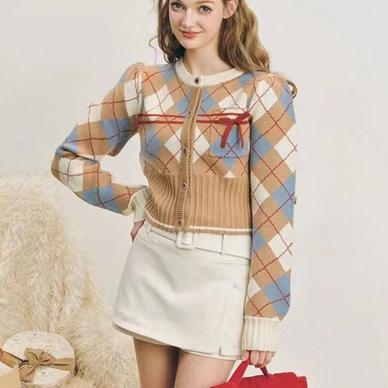 O Neck Short Sweater Women\'s Cardigan Fashion Argyle Knitwear Sweater Jackets Female Casual outwears Sweater Coat female autumn