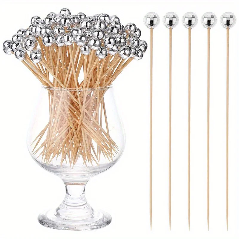 100 Stück Bambus-Cocktail-Picks, Discokugel-Zahnstocher, silberne Spiegelkugel, Vorspeise-Zahnstocher für Hochzeit, Geburtstag, Disco-Party