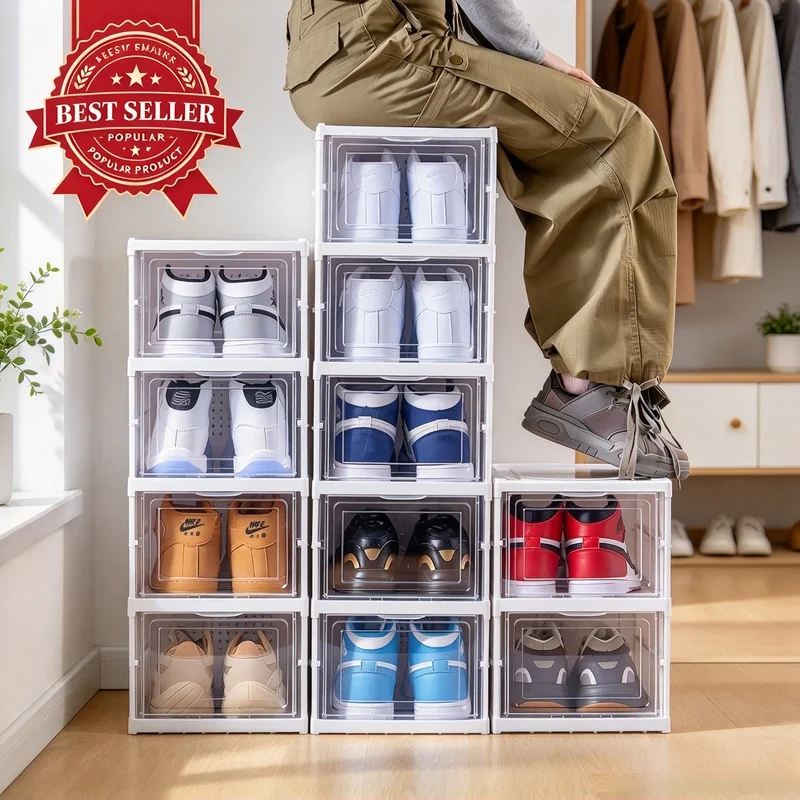 Foldable 3-Tier Transparent Shoe Box Stackable Dustproof Sneaker Storage Cabinet Shoe Organizer Rack