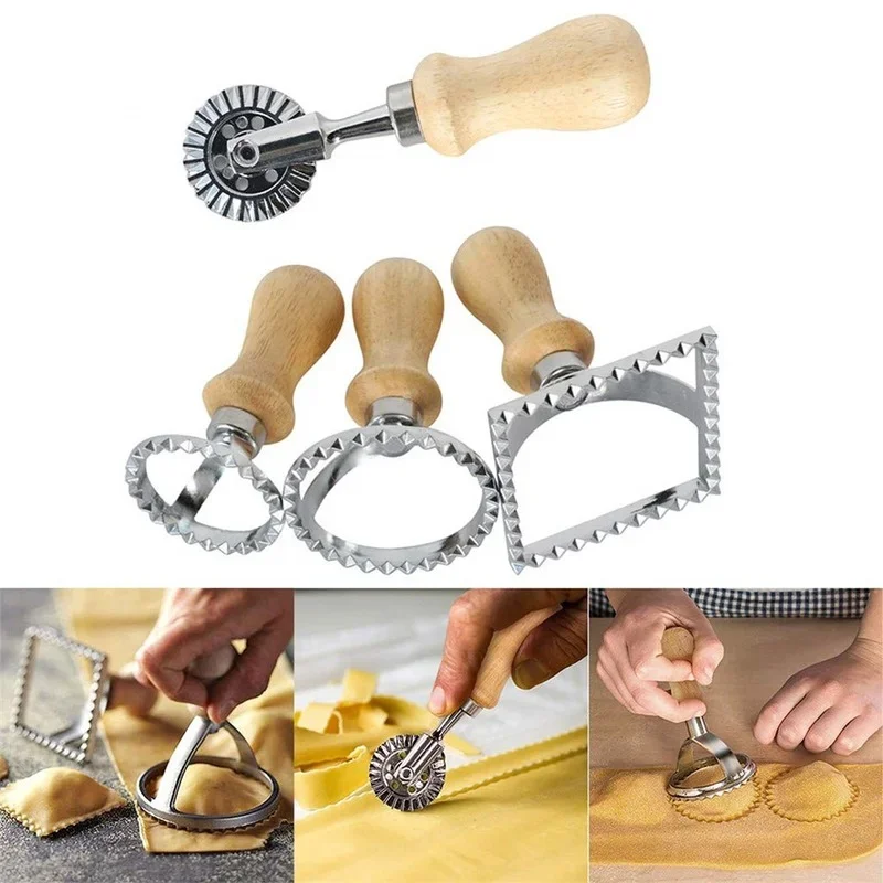 Manual Pasta Cookie Molds Ravioli Cutter Cookie Press Mold with Wooden Handle Kitchen Baking Tool for Dumplings Lasagna Pierogi