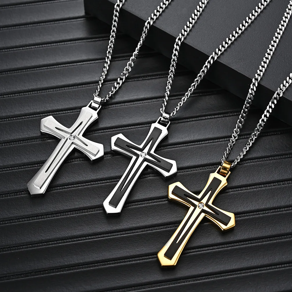 

316 Stainless Steel Cross Necklace for Men Boys,Double Layer Zircon Cross Pendant,Birthday Father Christian Gift