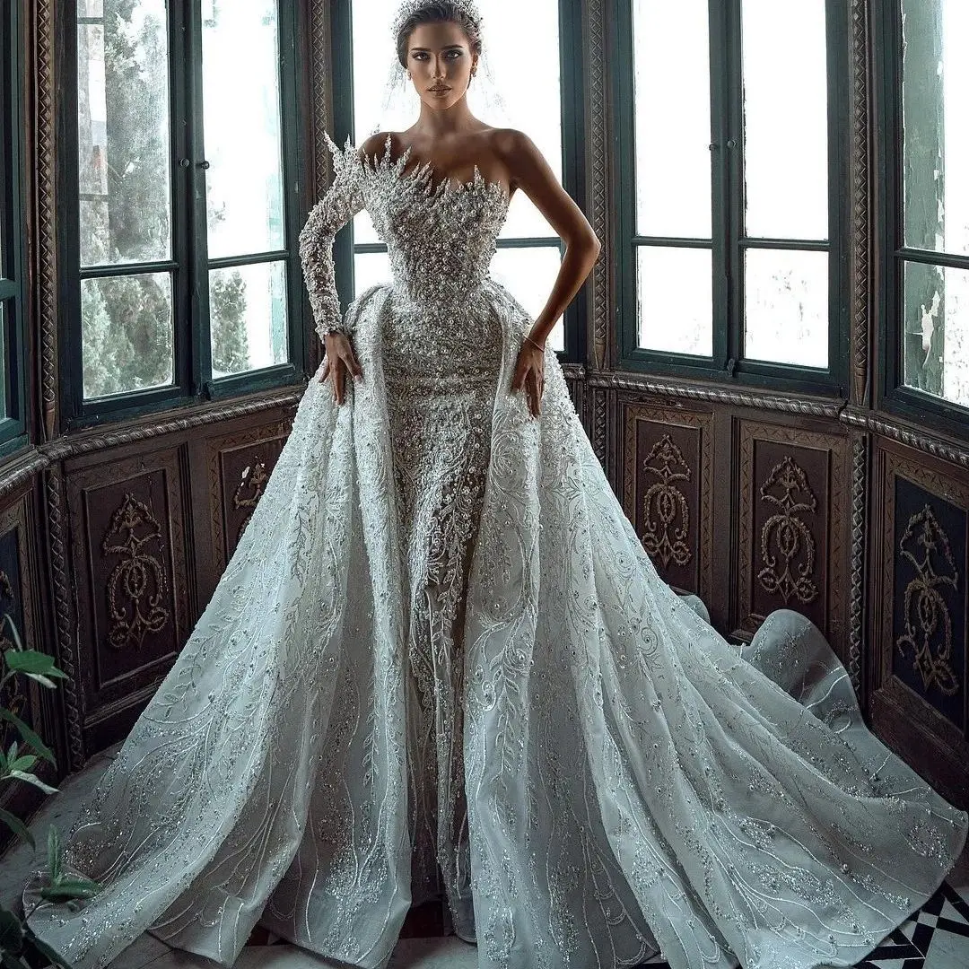 Customized Pearls One Shoulder Wedding Dresses Luxurious Lace Appliques Bridal Gown Detachable Train
