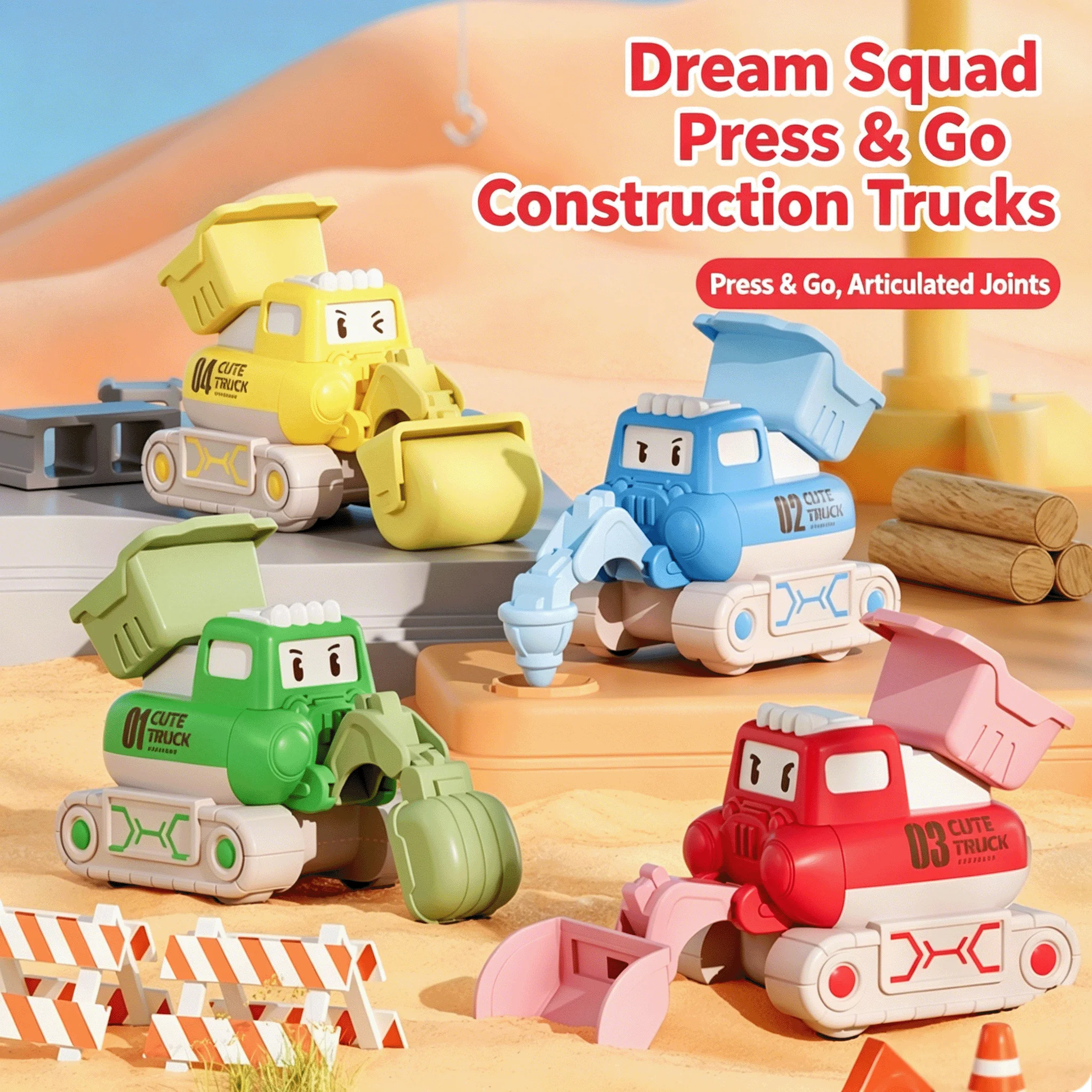 

Cute Kids Construction Vehicle Set, Excavator & Pile Driver, Inertia Press Toy Cars for Boys