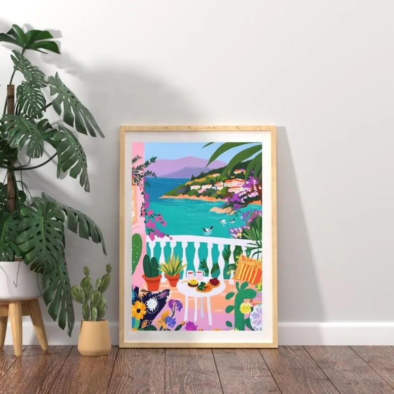 نابضة بالحياة شرفة فناء بحيرة الأزهار عرض المشارك الملونة طبيعة المشهد قماش اللوحة بوهو جدار الفن لغرفة المعيشة ديكور المنزل #5