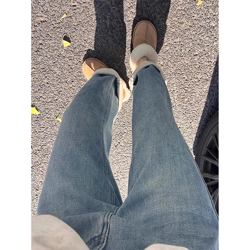 

Широкие джинсы с высокой талией на подкладке, женские свободные теплые джинсовые брюки, брюки с высокой посадкой для контроля живота, зимние брюки Bootcut