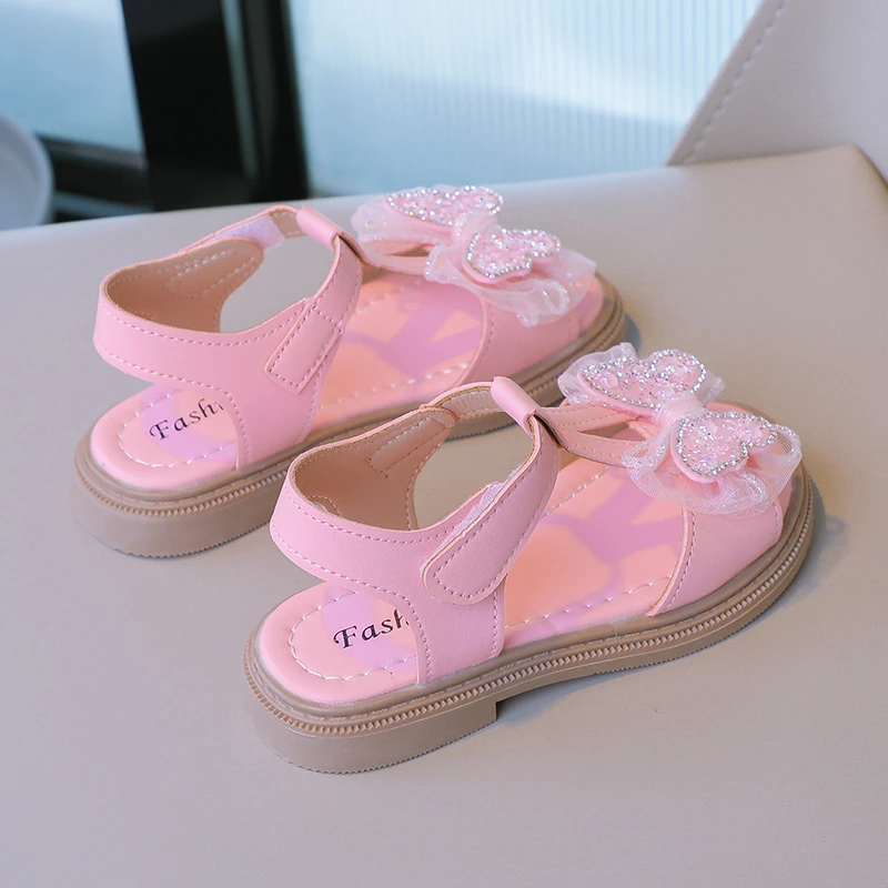 Girls Leather Sandals with Butterfly Kids Sweet Princess Shoes Soft Fashion Children Summer Beach Shoes Casual Non-slip 2023 New