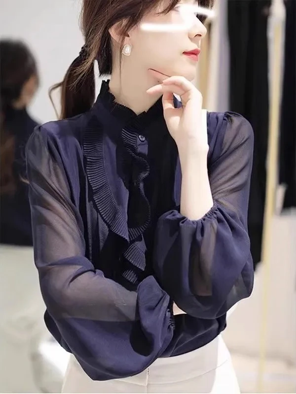 

Elegant Long Sleeve Chiffon Shirt Women's Fashion Spring Autumn New Style Korean Version Loose Fit Button Down Pure Color