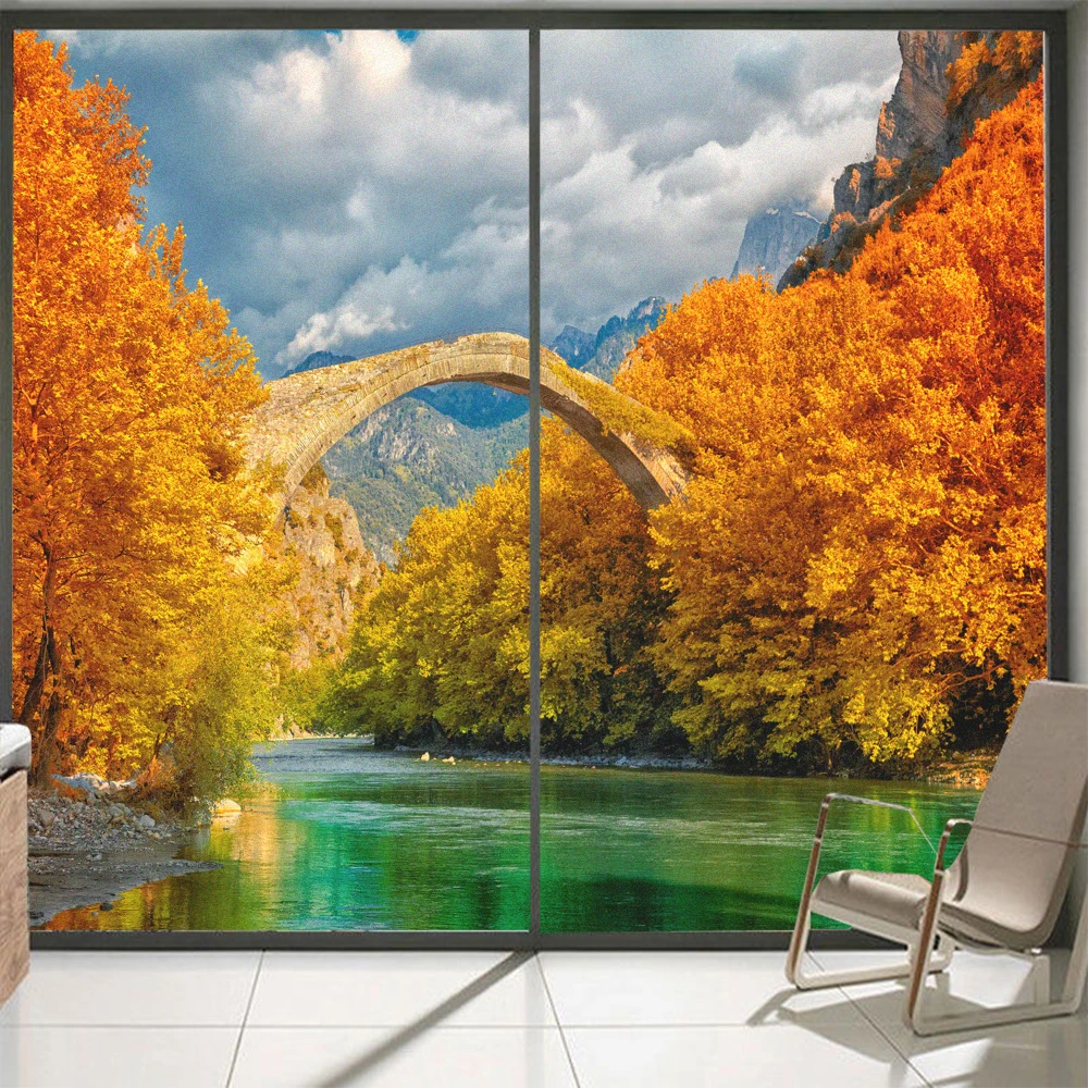 Privacy Glass Window Film Golden autumn scene Pattern Frosted Glass Door Flim Anti UV No Glue Static Electricity Windows Sticker