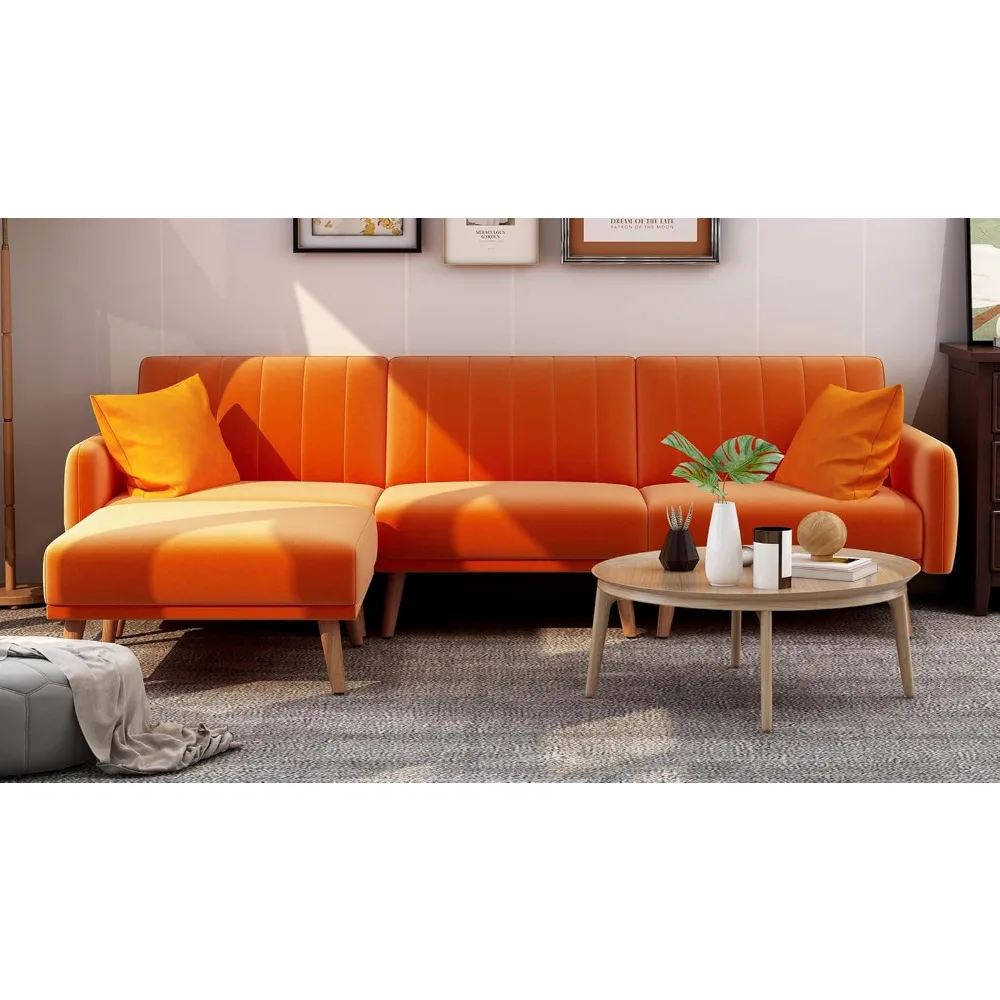

L-shaped orange velvet segmented lounge chair sofa bed, 105 inch modern convertible sofa bed with adjustable backrest