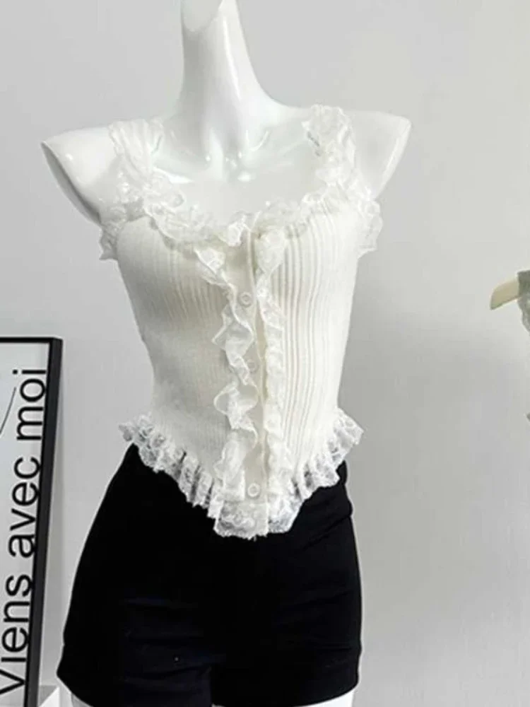 

New Lace Knitted Summer Basic Shirts White Black Casual Sport Vest Off Shoulder Thin Women's Tank Top 2025