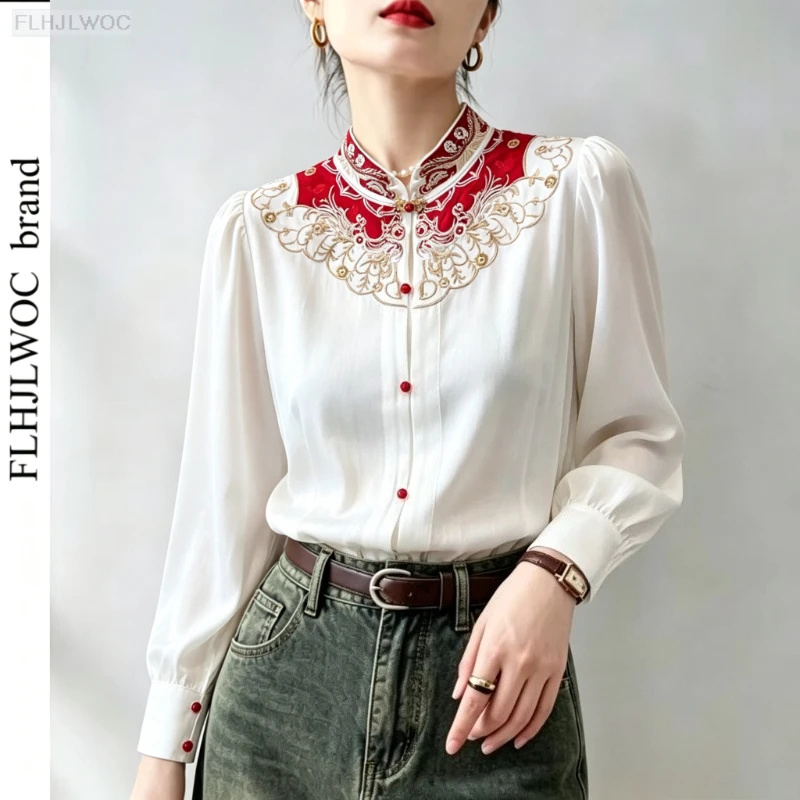 Cheongsam Stand Mandarin Collar Embroidery Retro Vintage New Year Chinese Style Blouse Party Elegant Christmas Red Shirt Tops