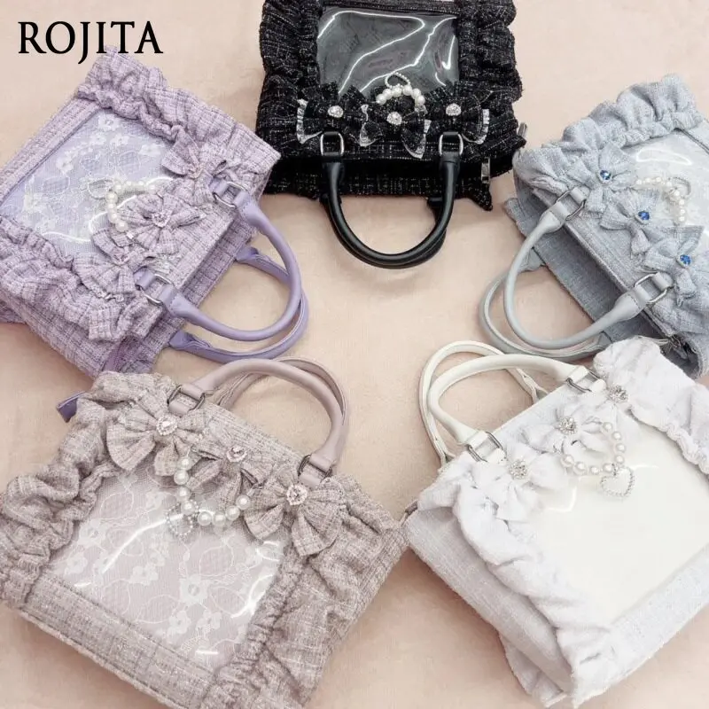 Sweet Lolita Ita Bag Women Ruffle Frill Bow Pearl Heart Chain Handbag Transparent Window Display Badge Fashion Shoulder Bag