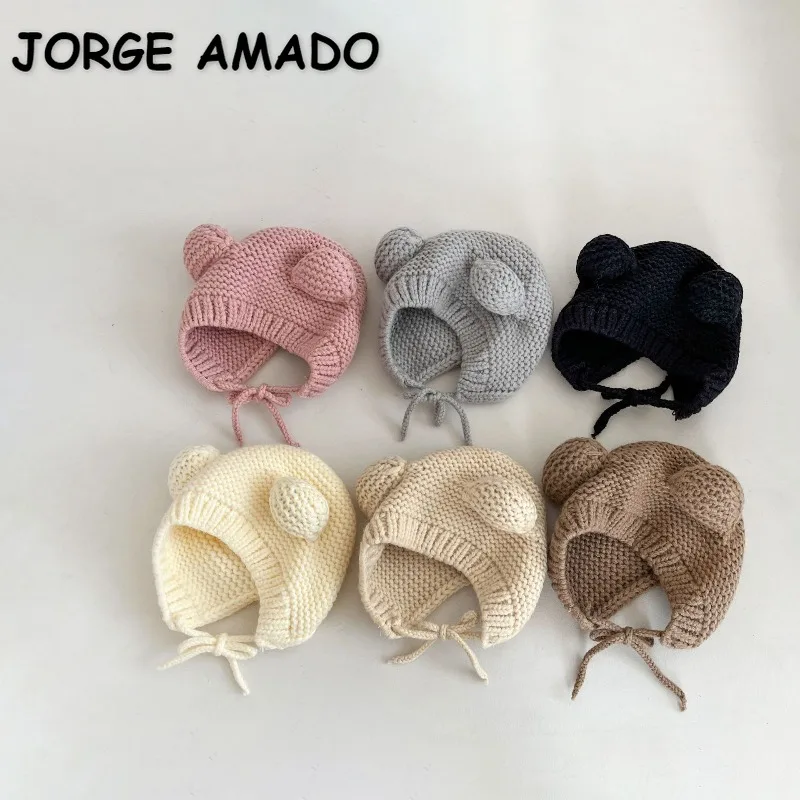 

Korean Style Baby Knit Hat Cartoon Bear Ear Design Soft Warm Beanie Boy Girl Solid Color Cute Knitted Cap Kids Accessories M2417
