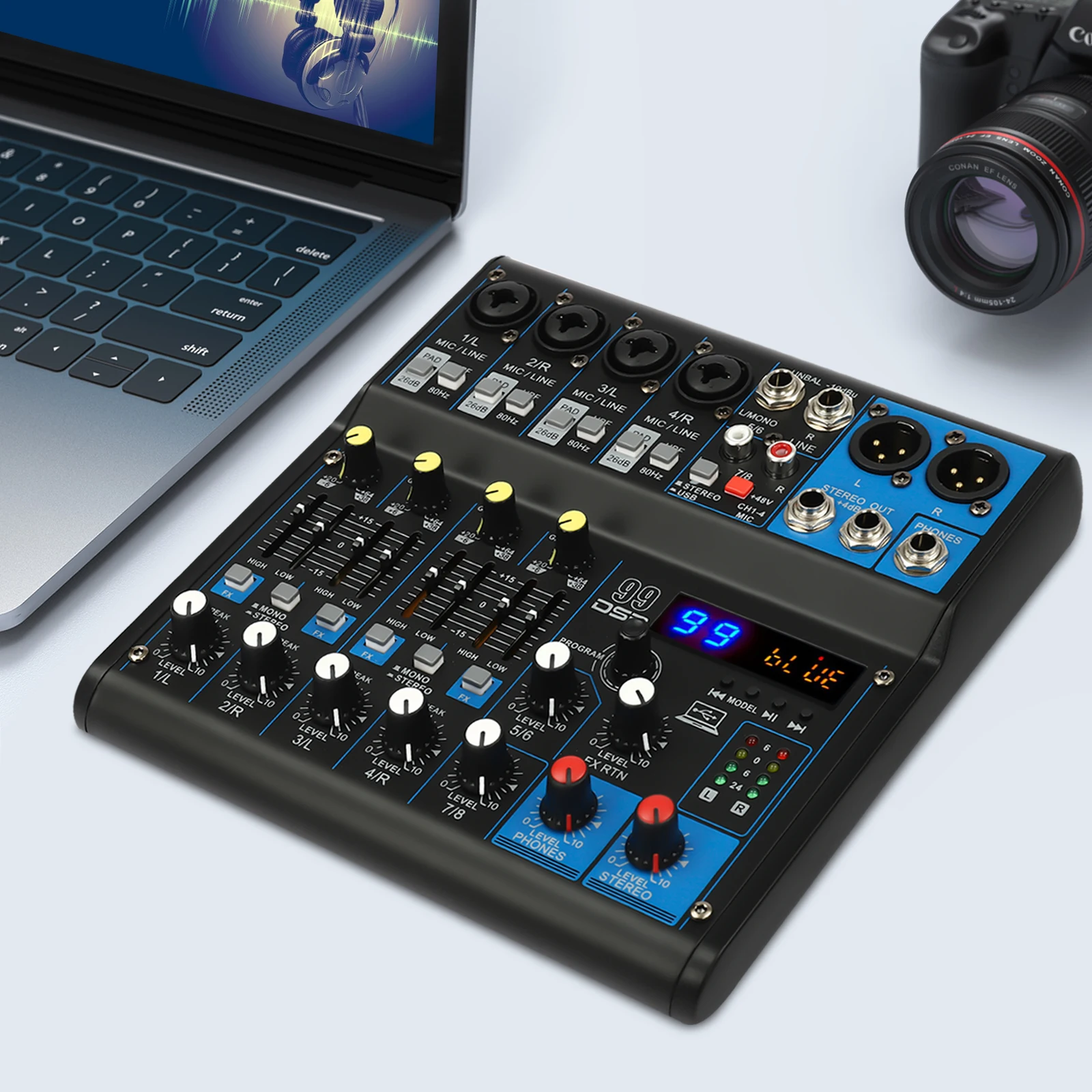 

8-Channel Audio Mixer with Bluetooth/USB, 99 DSP Effects, 48V Phantom Power Compact DJ/PA/KTV Sound Board for Live Performance