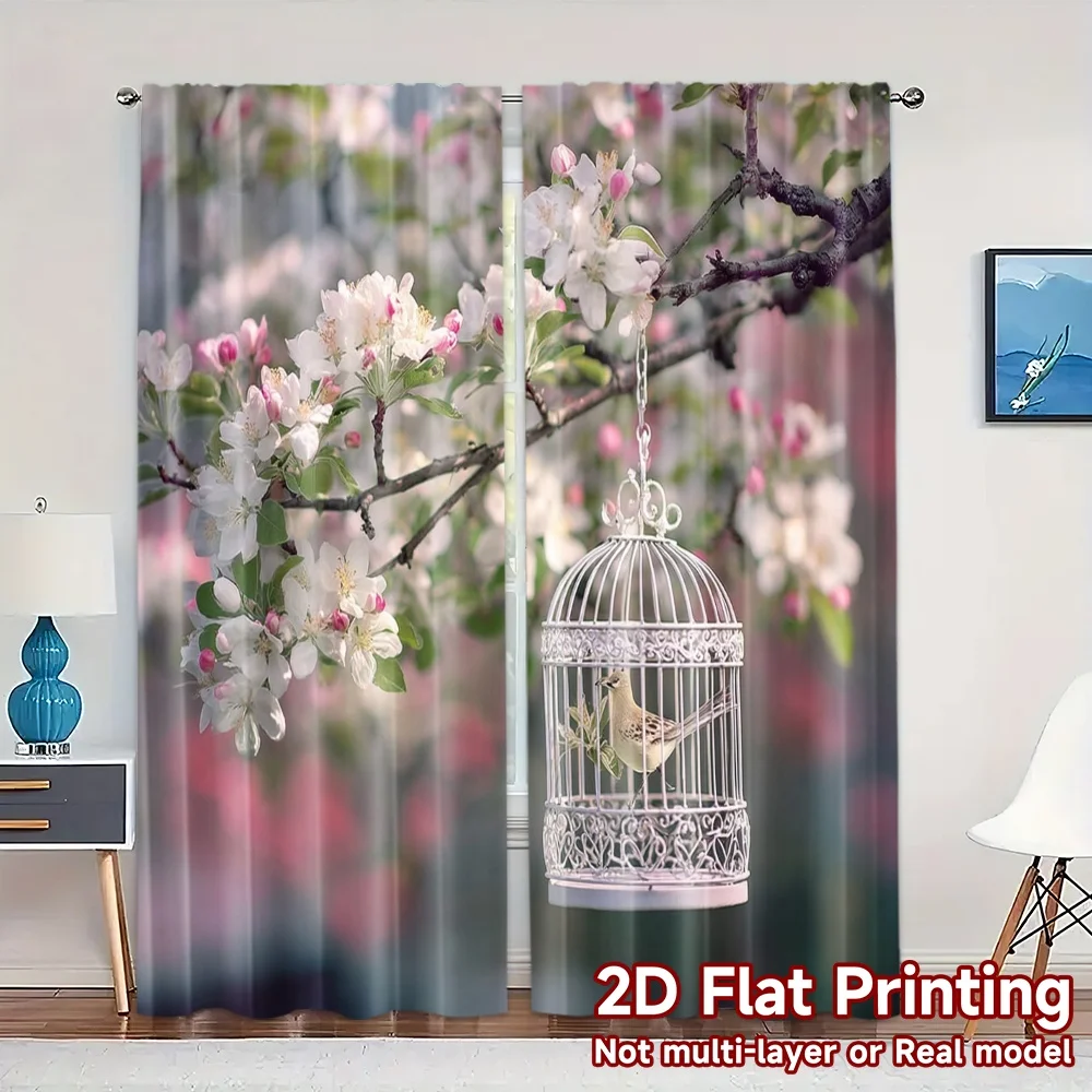 2pcs, 2D FLAT PRINTING Curtains (Without Rod) Blossom Birdcage Modern Print Curtains Durable Polyester Curtains Home Decor