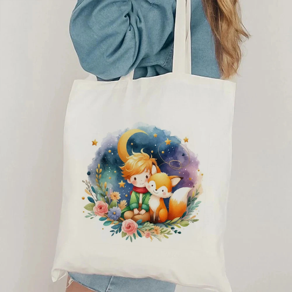 

Little Prince Inspired Floral and Fox Cartoon Canvas Tote Bag Elegant and Durable Design Perfect for Book Lovers and Daily Use