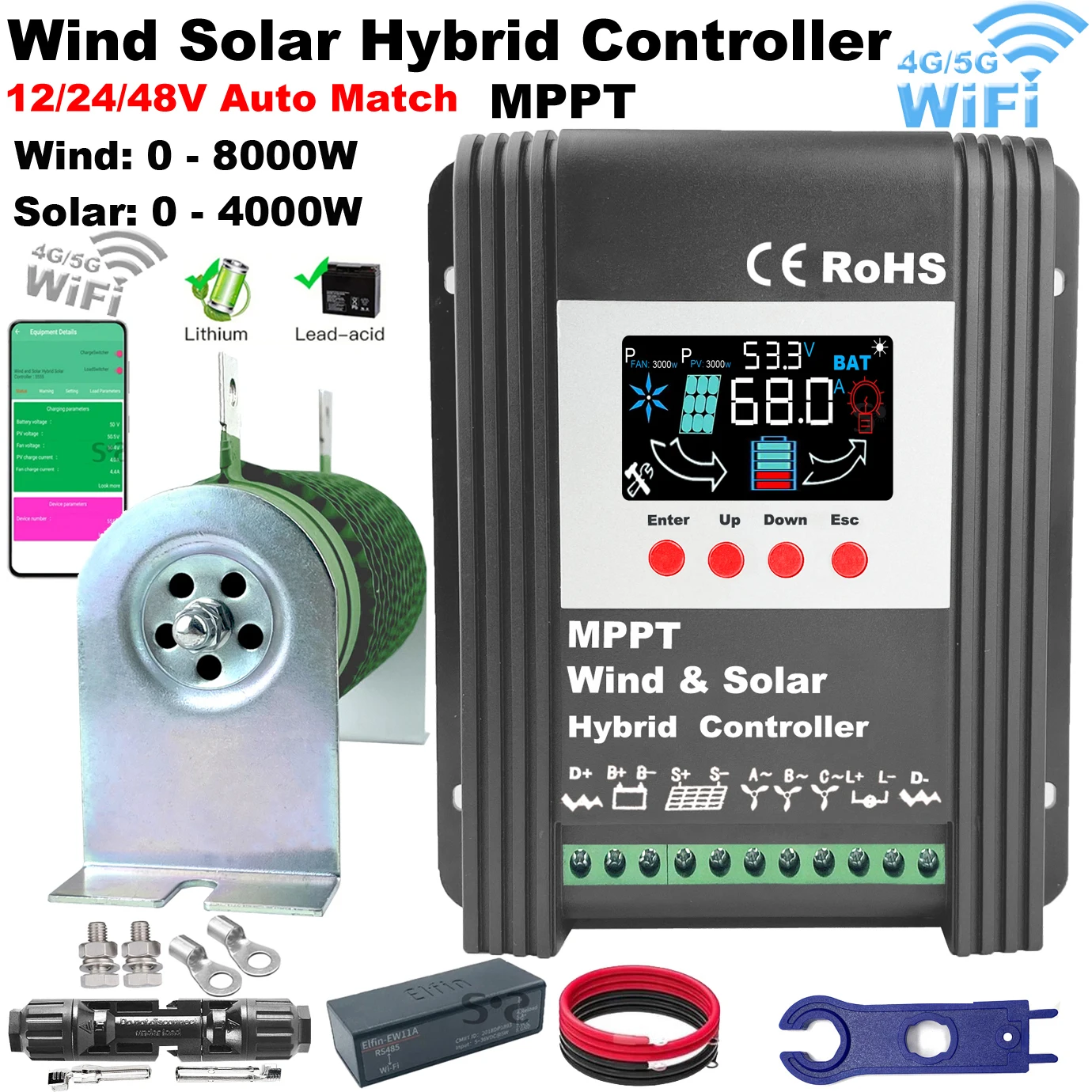 vento hibrido solar charge booster controlador real mppt board com monitor wifi painel solar regulador lifepo4 com equalizador 6000w 01