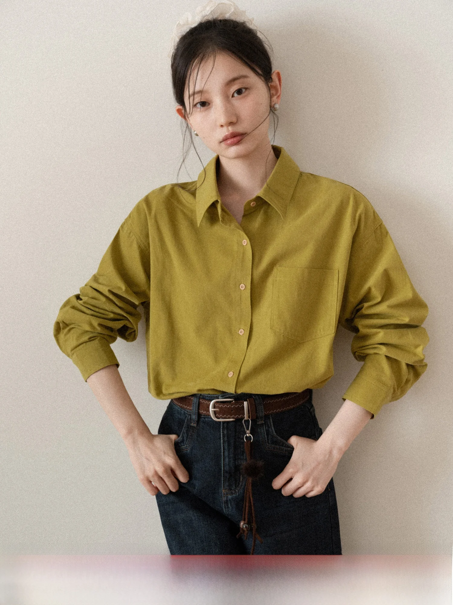 

Retro Korean Sle Pure Color irt Collar Women's Loose Long Sve Top Casual Cotton Color Faion for Young Women