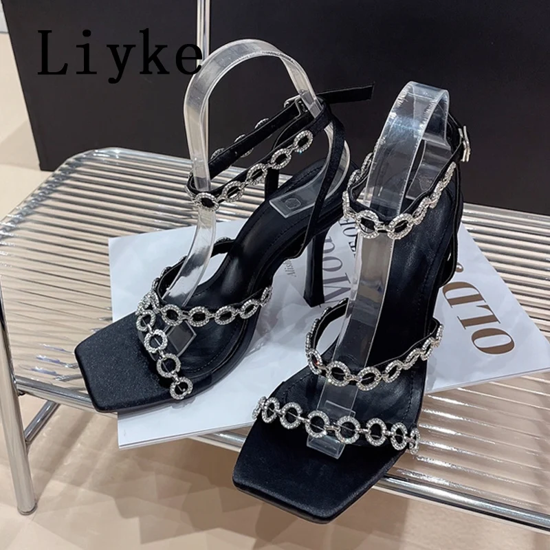 Liyke Elegant Women Wedding Party Sandals Fashion Design Crystal Chain Square Toe Gladiator High Heels Summer Shoes Ladies Green