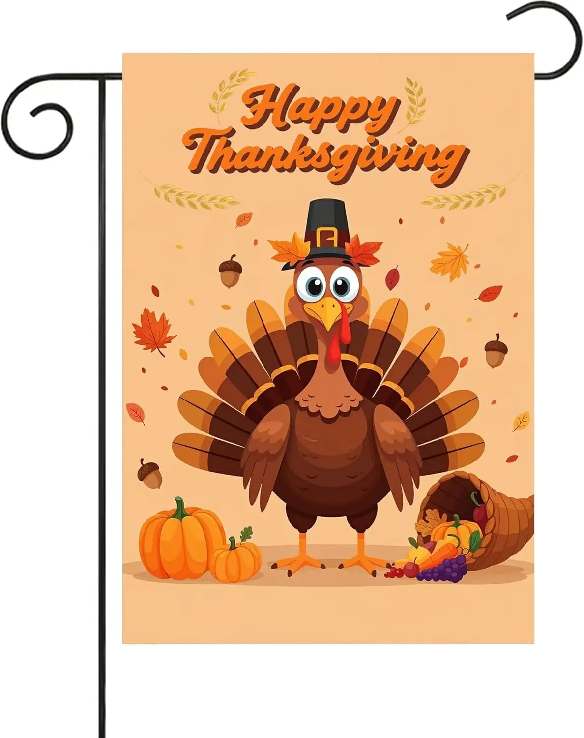 Happy Thanksgiving Day Turkey with Hat Cornucopia Pumpkins Maples Garden Flag 12x18 Inch Small Vertical Double Sided Seasona ZZM