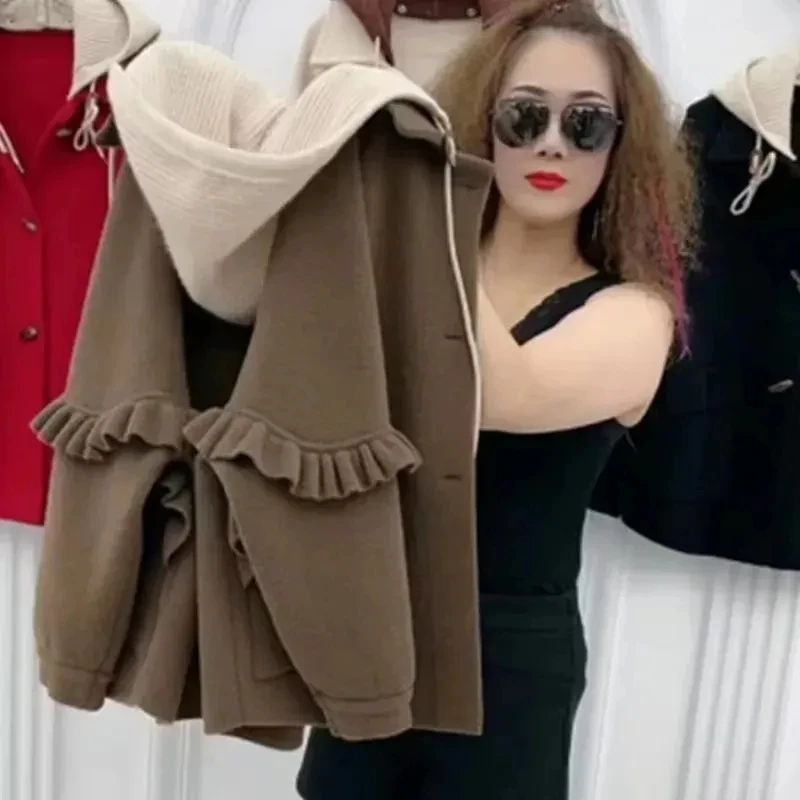 

2023 New Women Short Woolen Coat Autumn Fashion Korean Loose Imitation Double-Sided Cashmere Hooded Wool Coat Female Jacket Tops