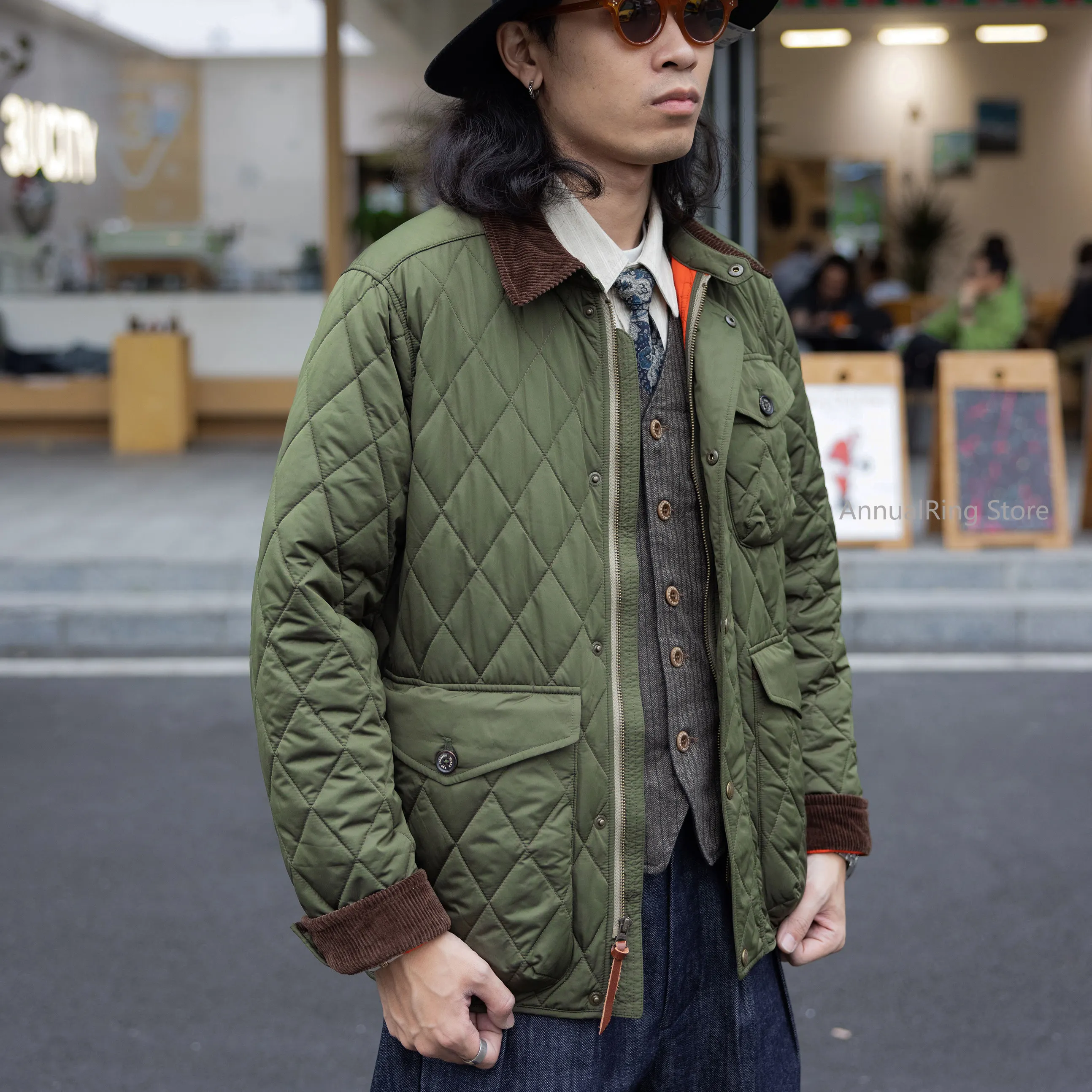 Red Tornado Army Green Heritage Style Diamond Quilted Jacket with Corduroy Collar Multi-Pocket Padded Coat for Men