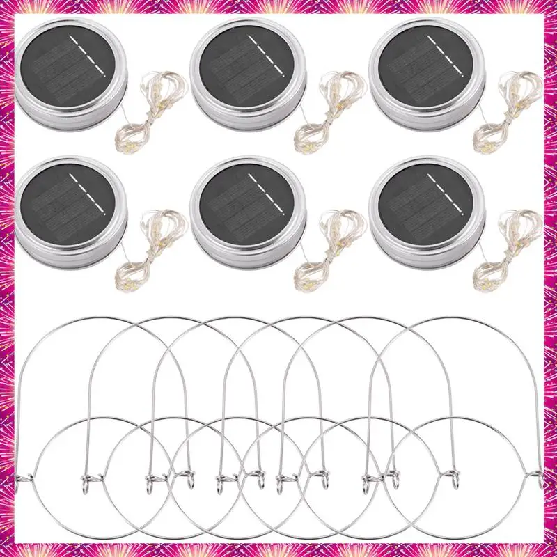 

LUWEI Солнечные фонари для крышек банок, 6 шт. в упаковке, 20 светодиодных гирлянд Fairy Star Firefly, крышки для банок, 6 вешалок в комплекте (банки в комплект не входят), патио