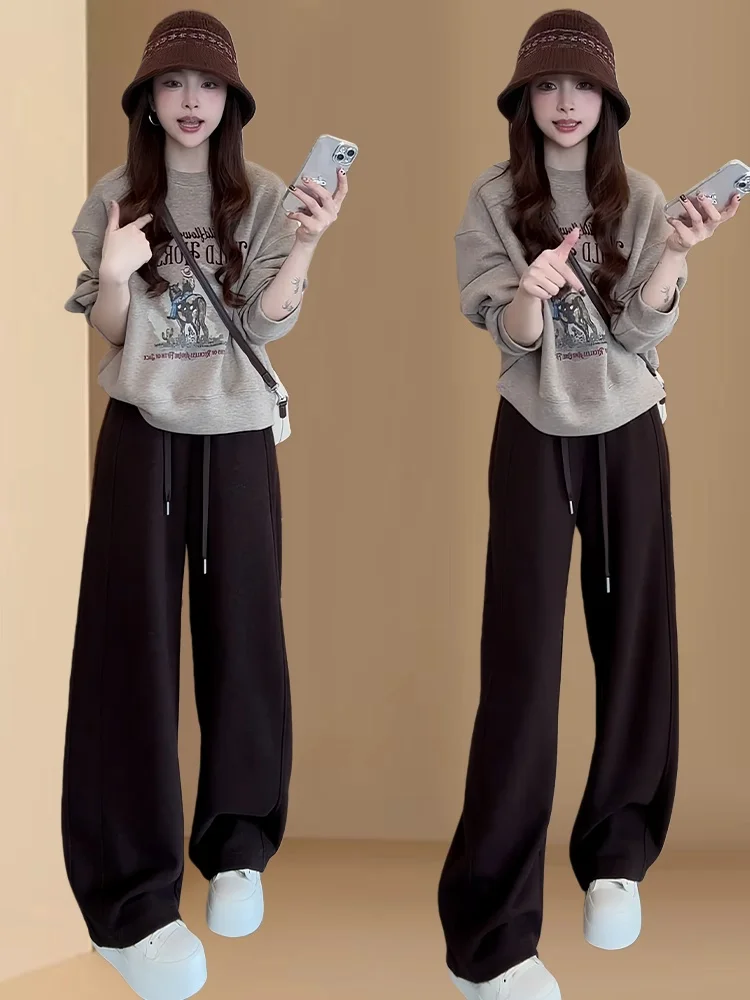 Sweat-shirt et pantalon à jambes larges pour femmes, ensemble deux pièces décontracté et polyvalent, amincissant, nouvelle collection automne hiver, tapis ular...