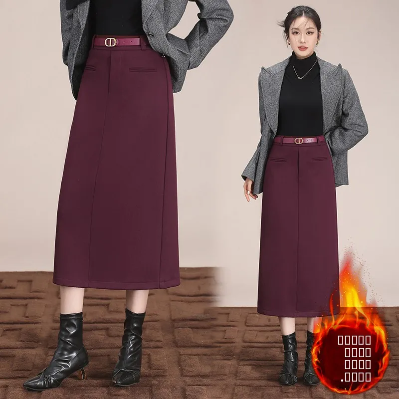 

Women's High Waist Fce Lined Straight Skirt Slimming Wrap mid Length Winter Skirt Commute Sle Warm Inner Lined Polyester...