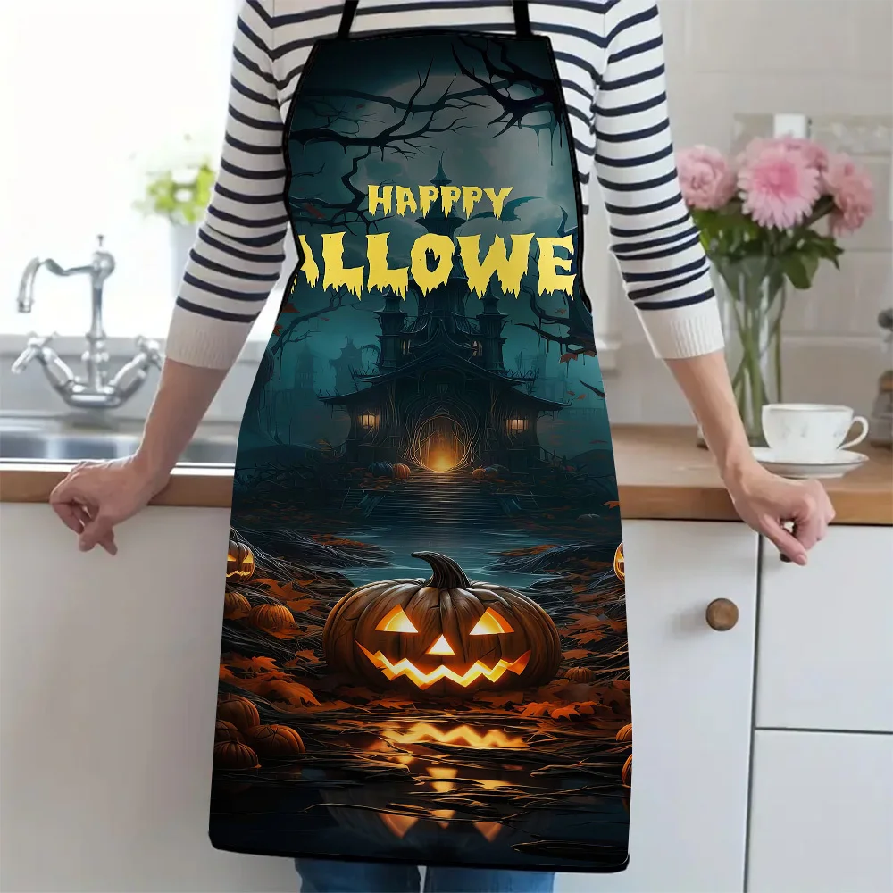 Halloween-Themed Polyester Apron Design, Featuring Haunted House Scene, Ideal for Home, Restaurant, Cafe Use