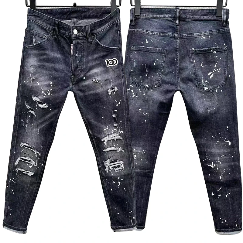 Men's Jeans chreiharper 100 c051Hipster Wash worn holes patch paint embroidery hand stitched small fits all season men's pants