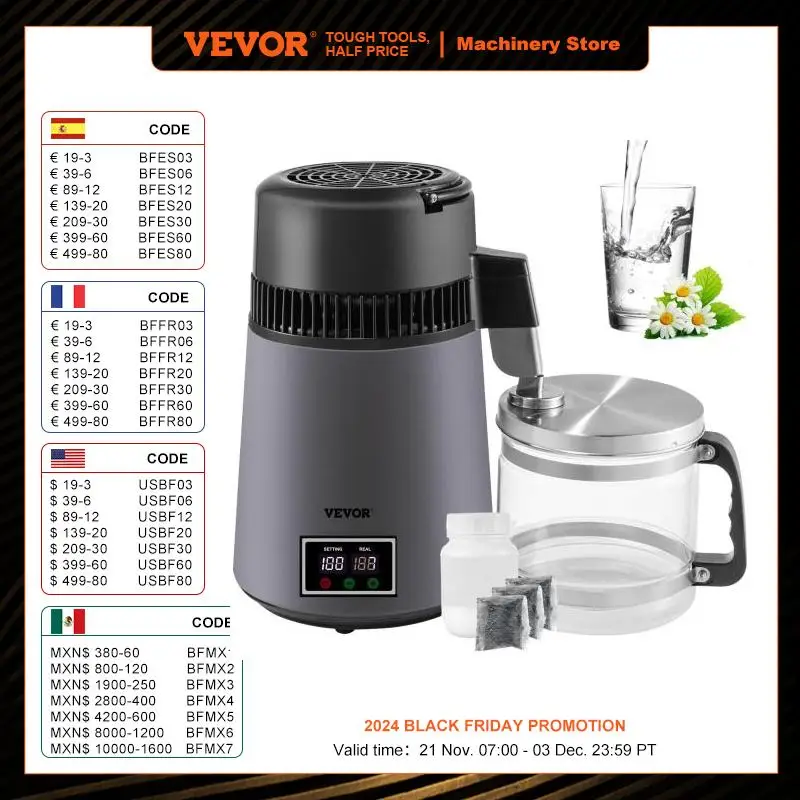 VEVOR 4L Water Distiller Dual Temp Display 304 Stainless Steel Dental Distillation Purifier Home Water Bottle Drinking Dispenser