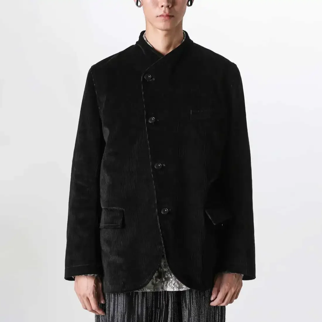 

YOJI OOAK design sense front single breasted black stand up collar jacket top with multiple pockets cotton jacket for men's fash