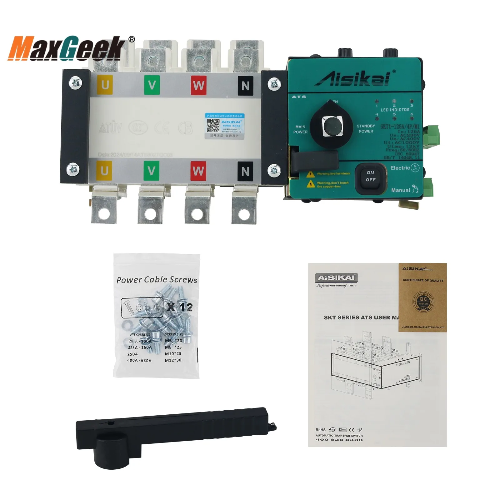 

Maxgeek AISIKAI SKT1-125A Dual Power Automatic Transfer Switch SKT1-125/4P for Main & Standby Power Sources