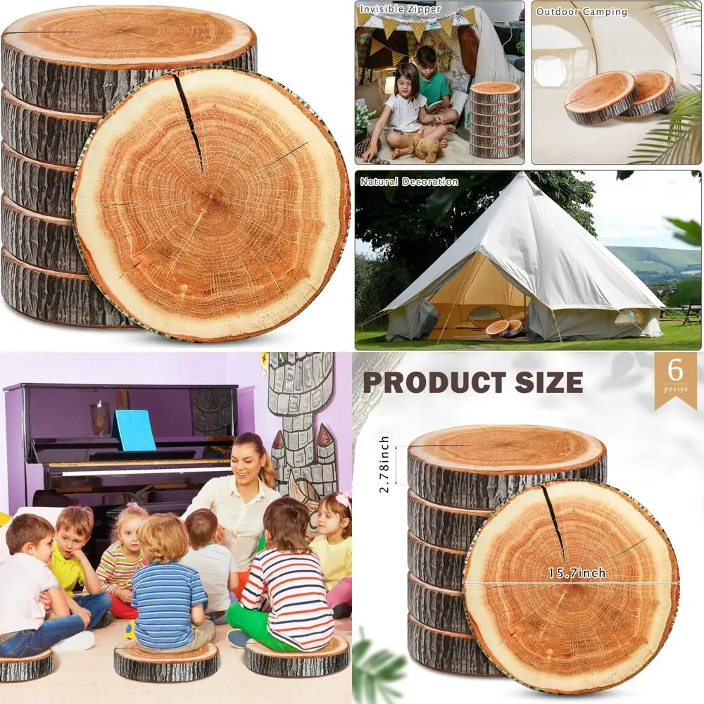 

Set of 6 Round Natural Wood-Inspired Cushions for Tree Stump Style Floor Seating and Decor