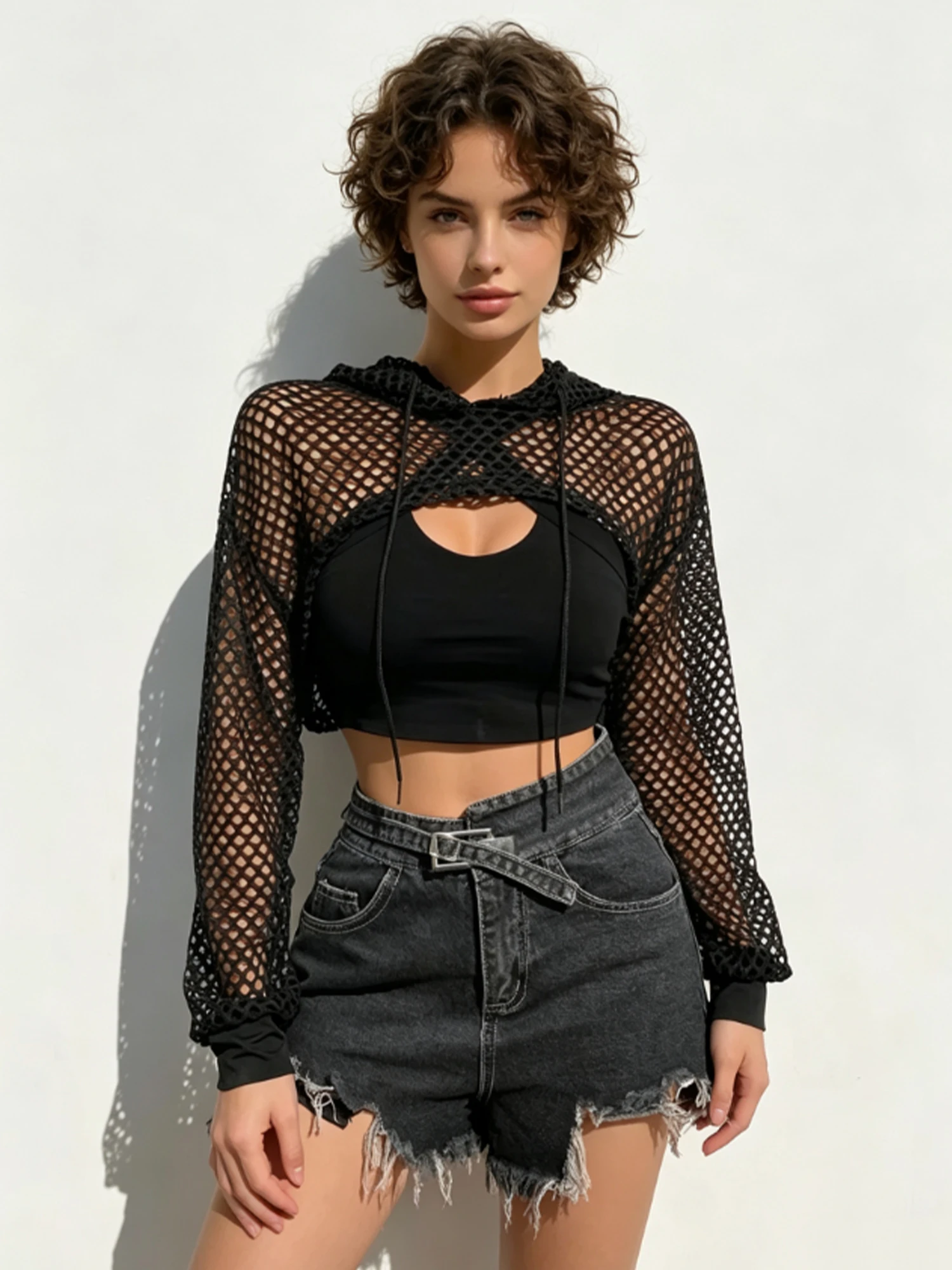 Women's Black Gothic Hollow T-shirt Coats Y2K Gyaru Hip Hop Sexy Long Sleeve Cropped Hooded Tee Top Outerwear for Women Clothing