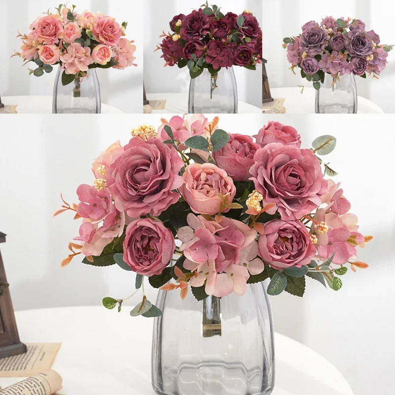 Artificial Flowers Retro Silk Rose Bouquet Hydrangea Peony Vintage Bride Holding Fake Flower Home Wedding Decoration Accessories