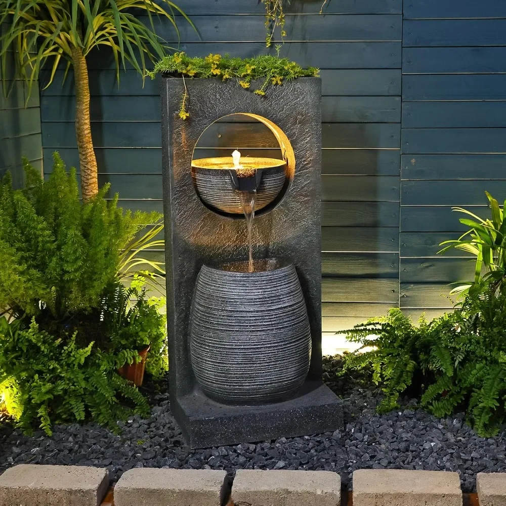 

Water Fountain Outdoor Indoor - Modern Waterfall Garden Freestanding Fountain Curved Surface Artistry Design with LED Lights and