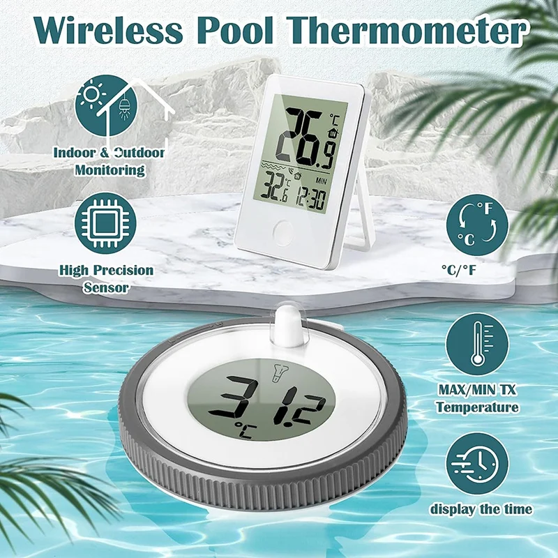 Kabelloses Pool-Thermometer, schwimmend, leicht ablesbar, digitales Pool-Thermometer, wasserdicht, für Schwimmbäder, Aquarien