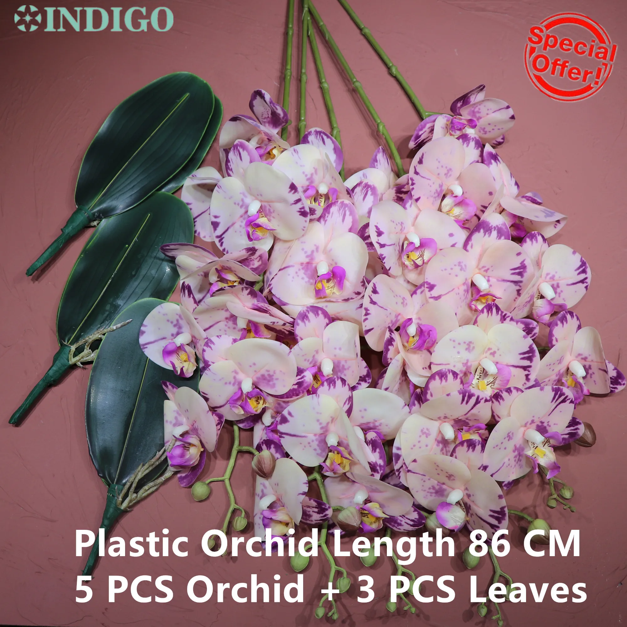 

INDIGO-Purple Moth Orchid and Butterfly Flower, Real Touch, Waterproof Event Centerpiece, No Vase, 3 Leaves, 86cm