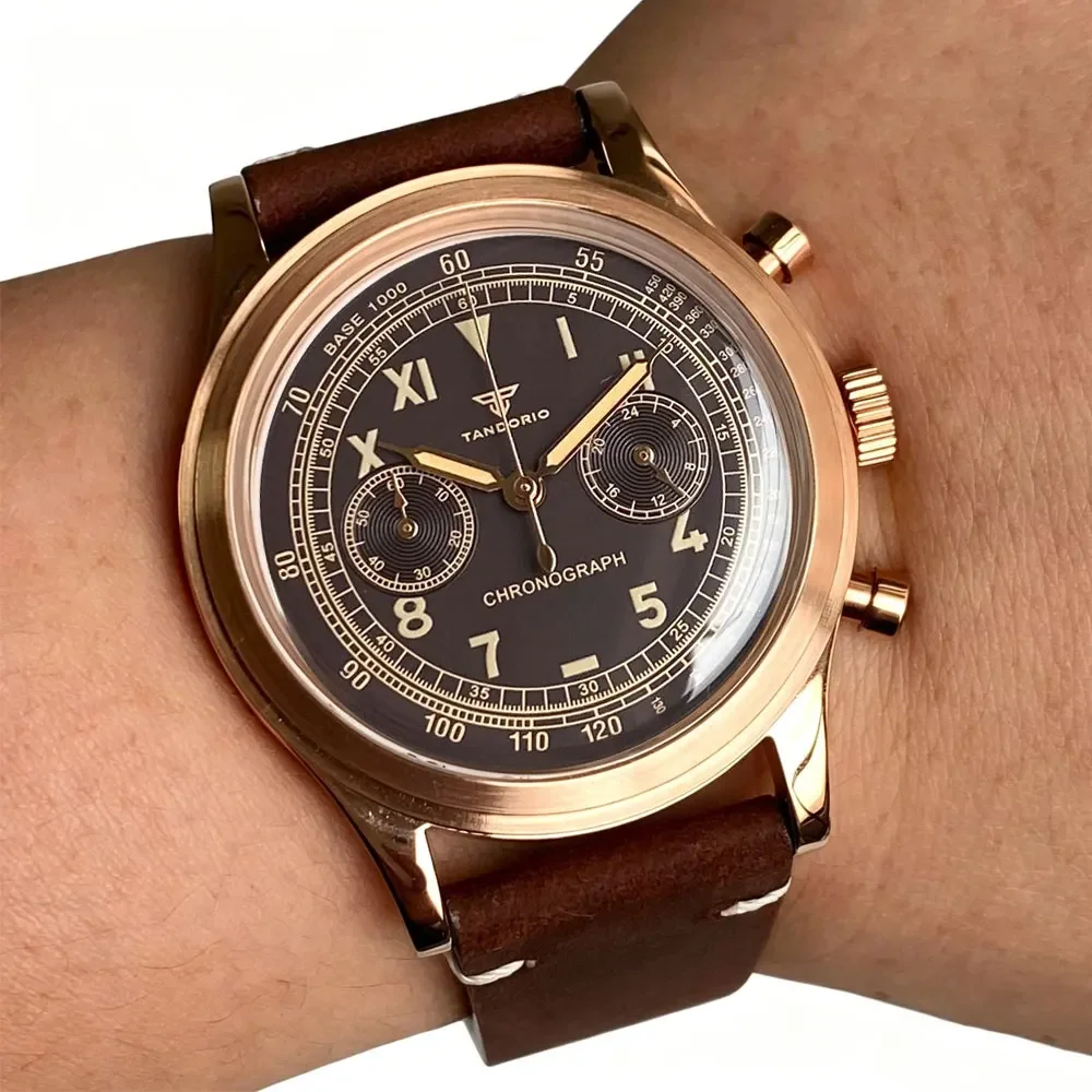 Tandorio 38mm Quartz Watches for Men Deep Coffee Face MIYOTA OS21 Movement Multi-function Chronograph Retro Watch Luminous Marks