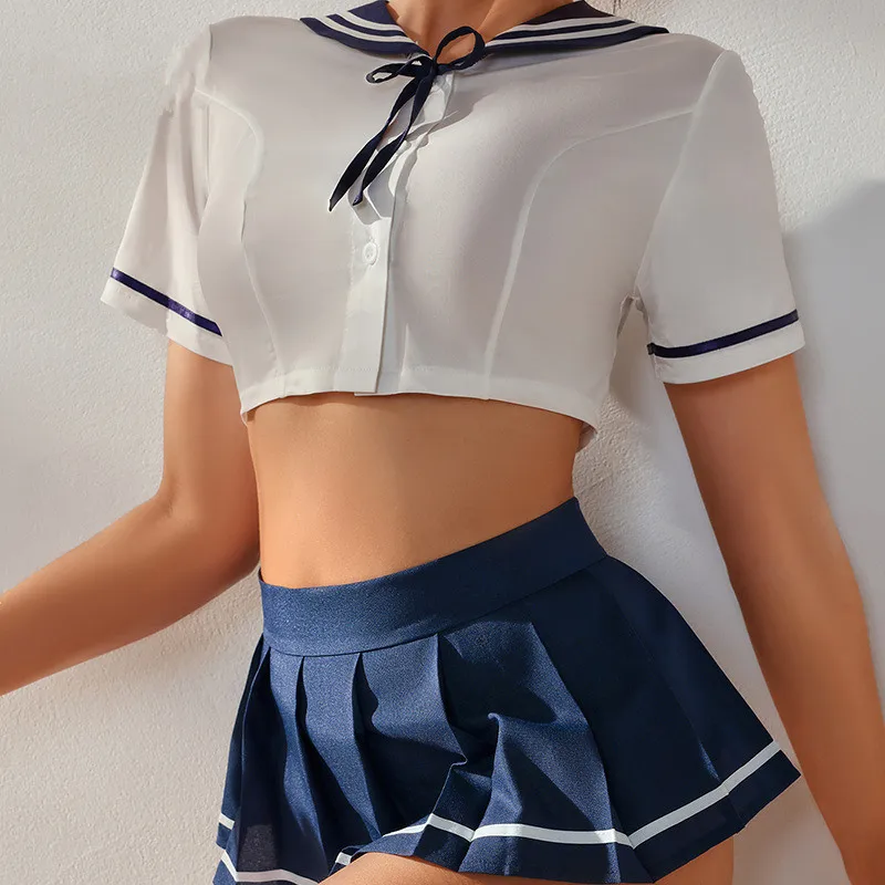 New Hot Sexy Lingerie Student Uniform Transparent Collocate Mini Skirt Super Short Shirt Bare Buttocks Passion Night Costume