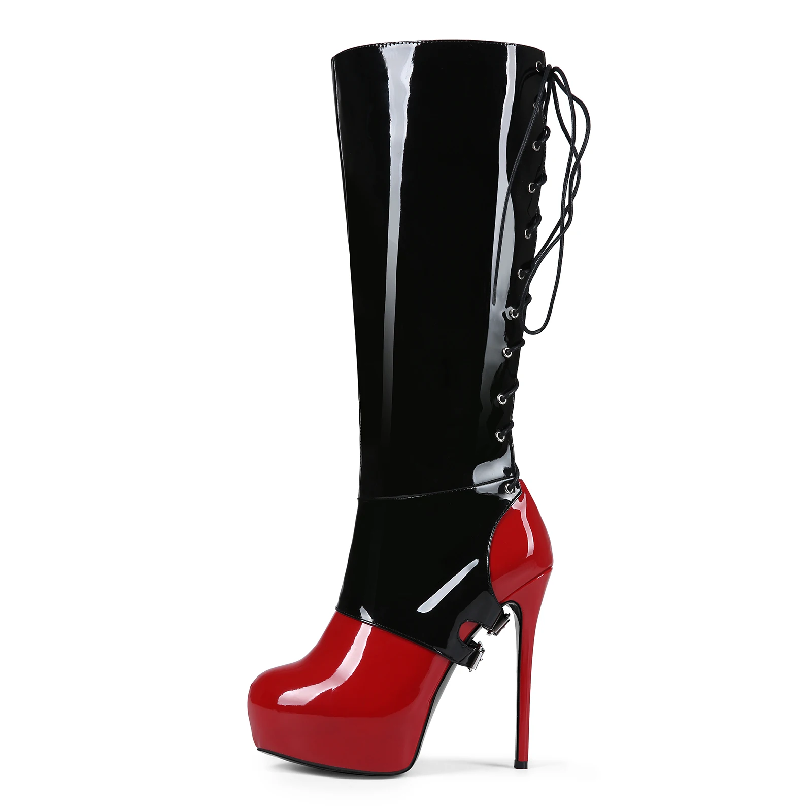 Frankie Hsu Goth Sexy Stiletto Platform Handmade Knee High Heeled Boot, Black Red Patent Gothic Punk Hot Girl Big Large Size Wide Calf Long Lace Up Boots For Women Men - view 7