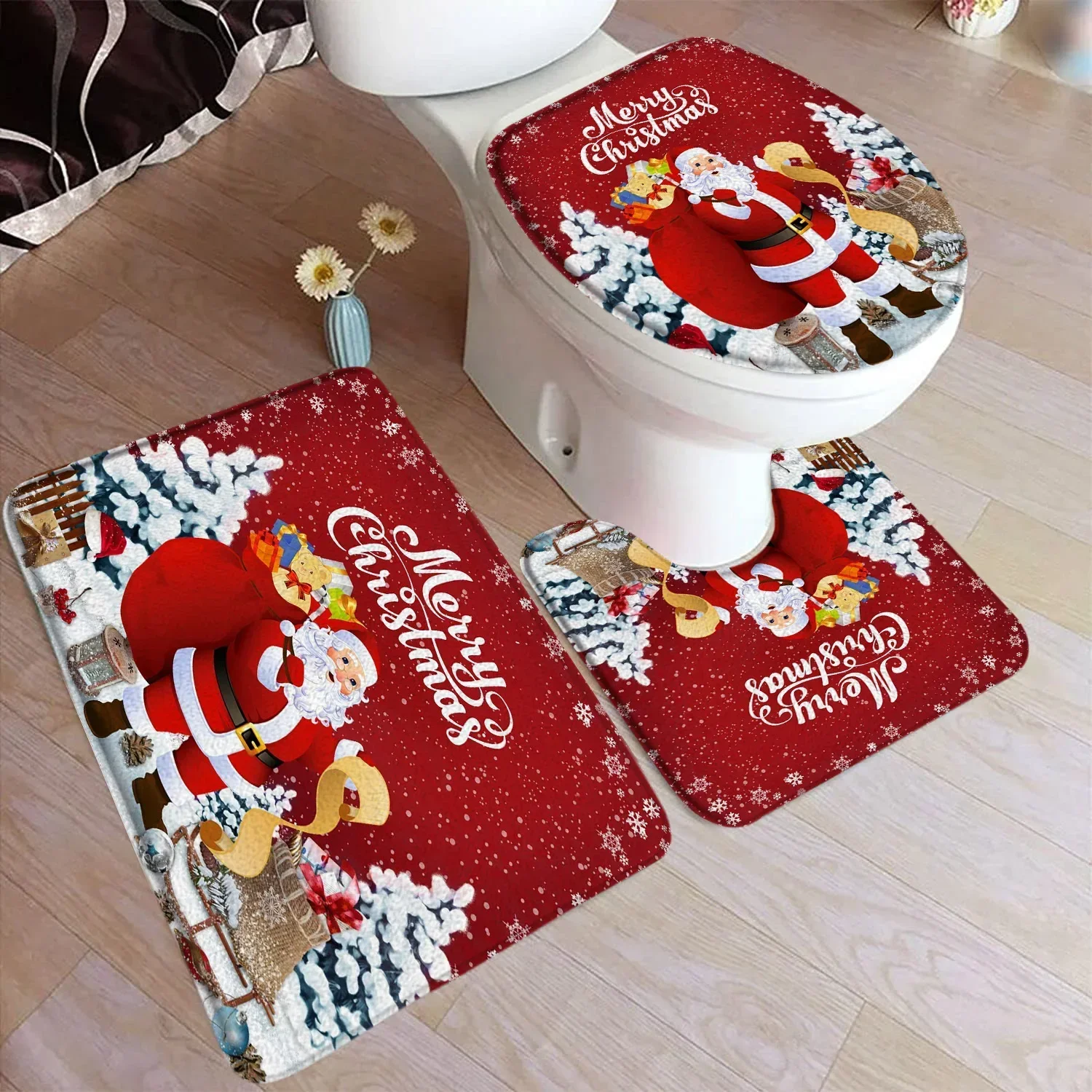 Funny Christmas Bath Mat Set Cute Snowman Santa Claus Red Balls Xmas Trees Carpet Home Decor Bathroom Floor Rug Toilet Lid Cover